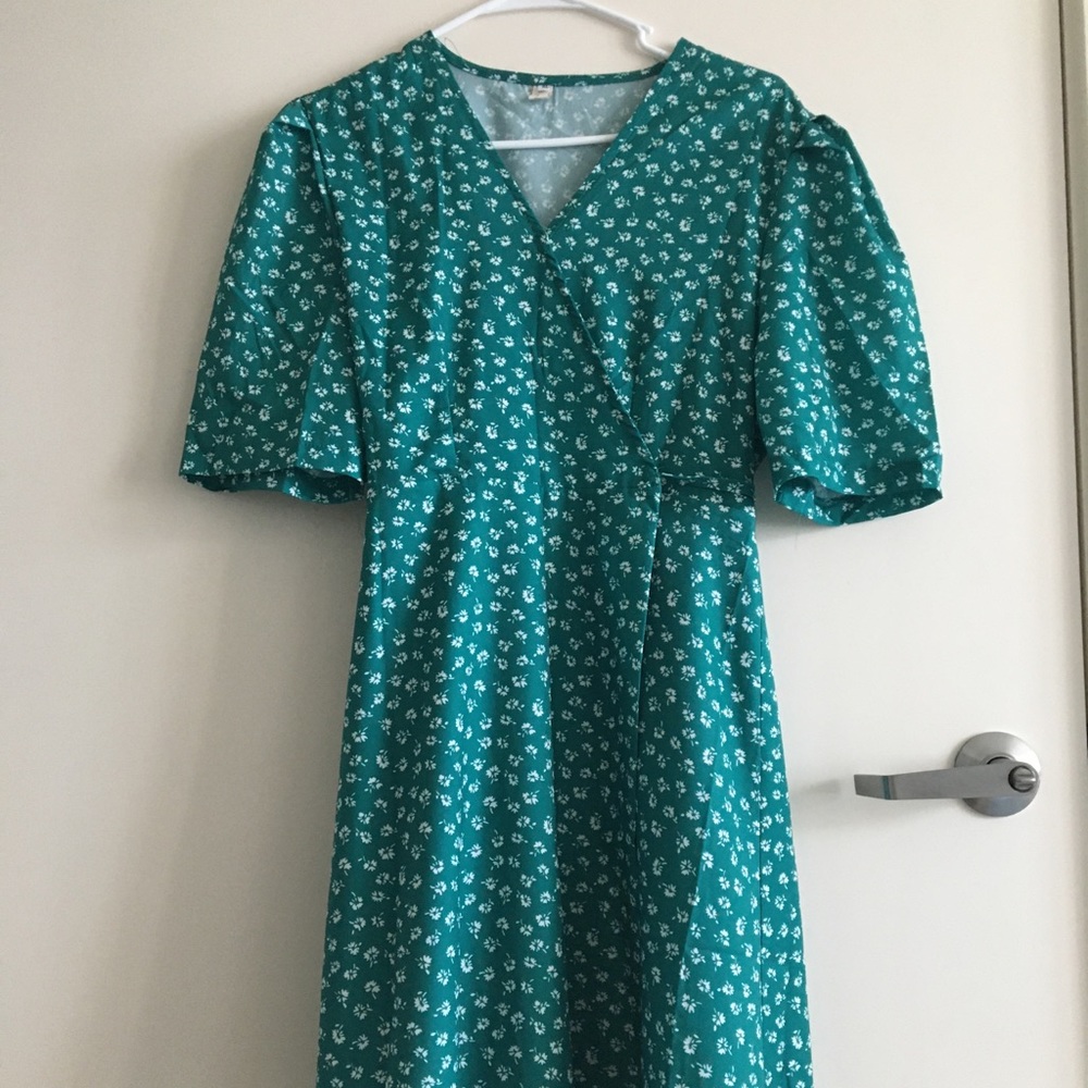 green floral wrap dress